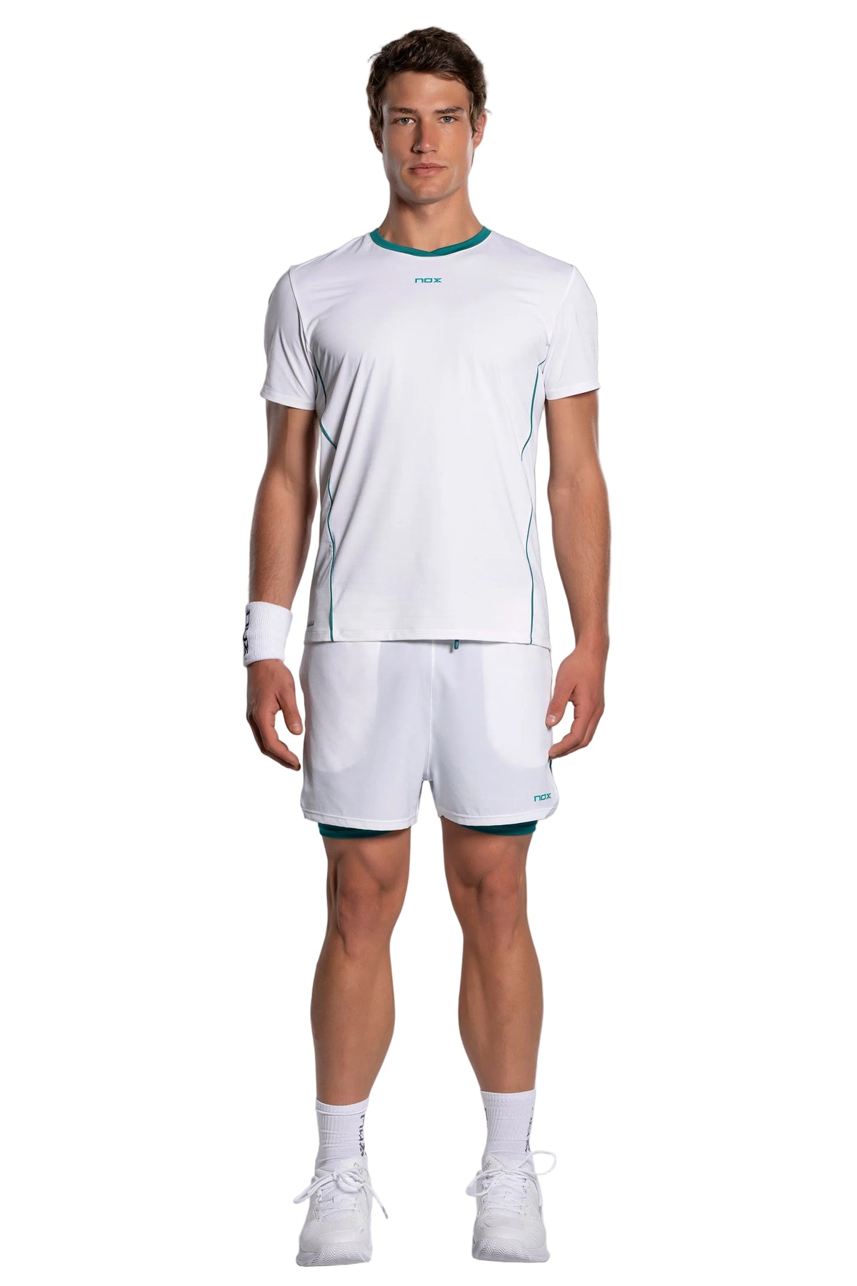 NOX Pro White Ivy Green men padel t-shirt front view
